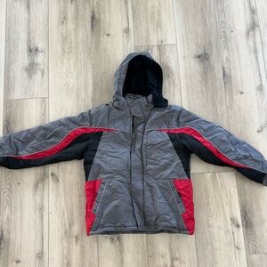 Gray, Black & Red Hooded Outerwear Jacket